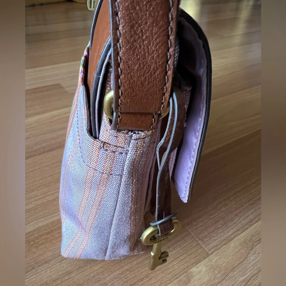 Fossil Leather & Stripe Canvas Crossbody Bag Brown Multicolor